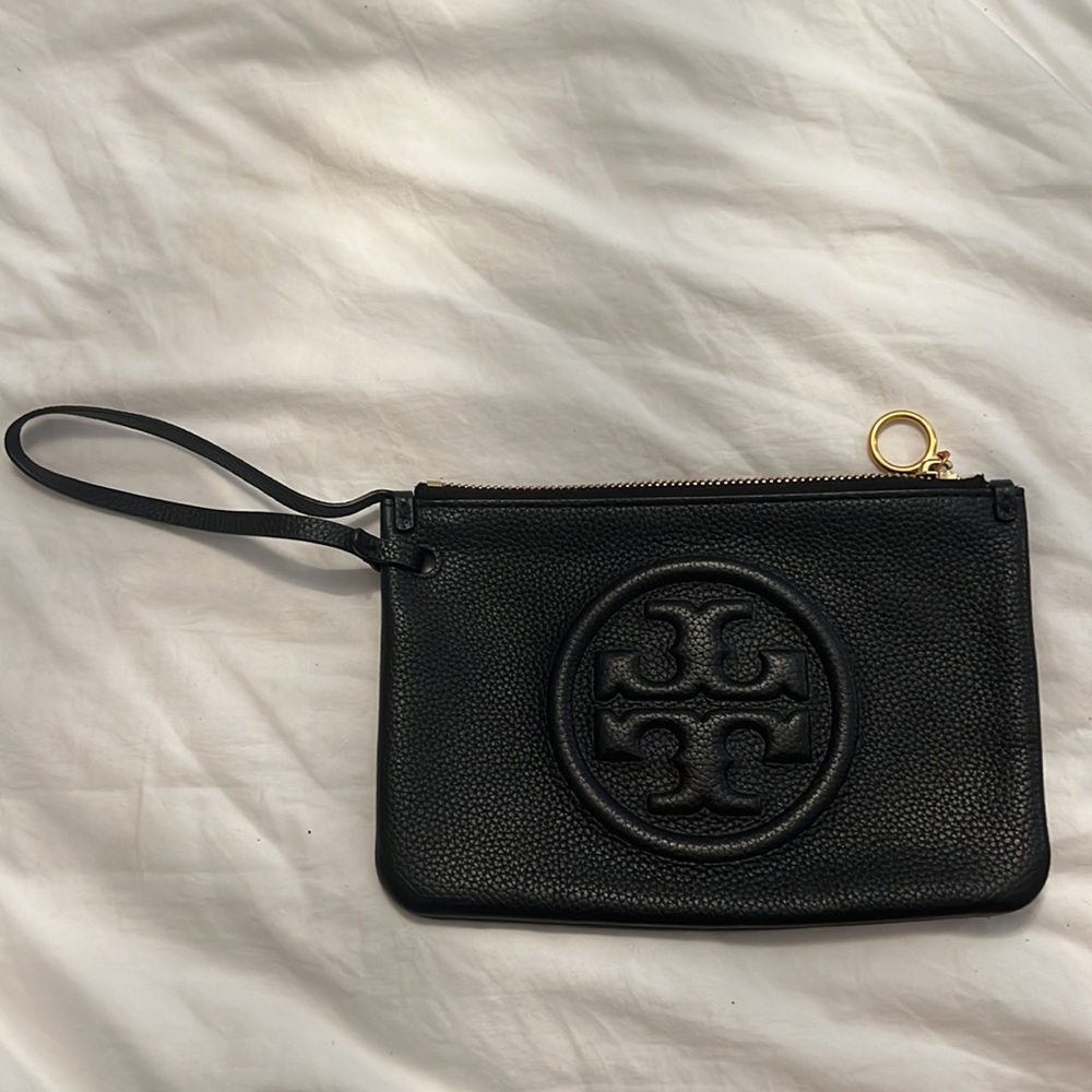Tory Burch black pebble leather wristlet purse. Used once